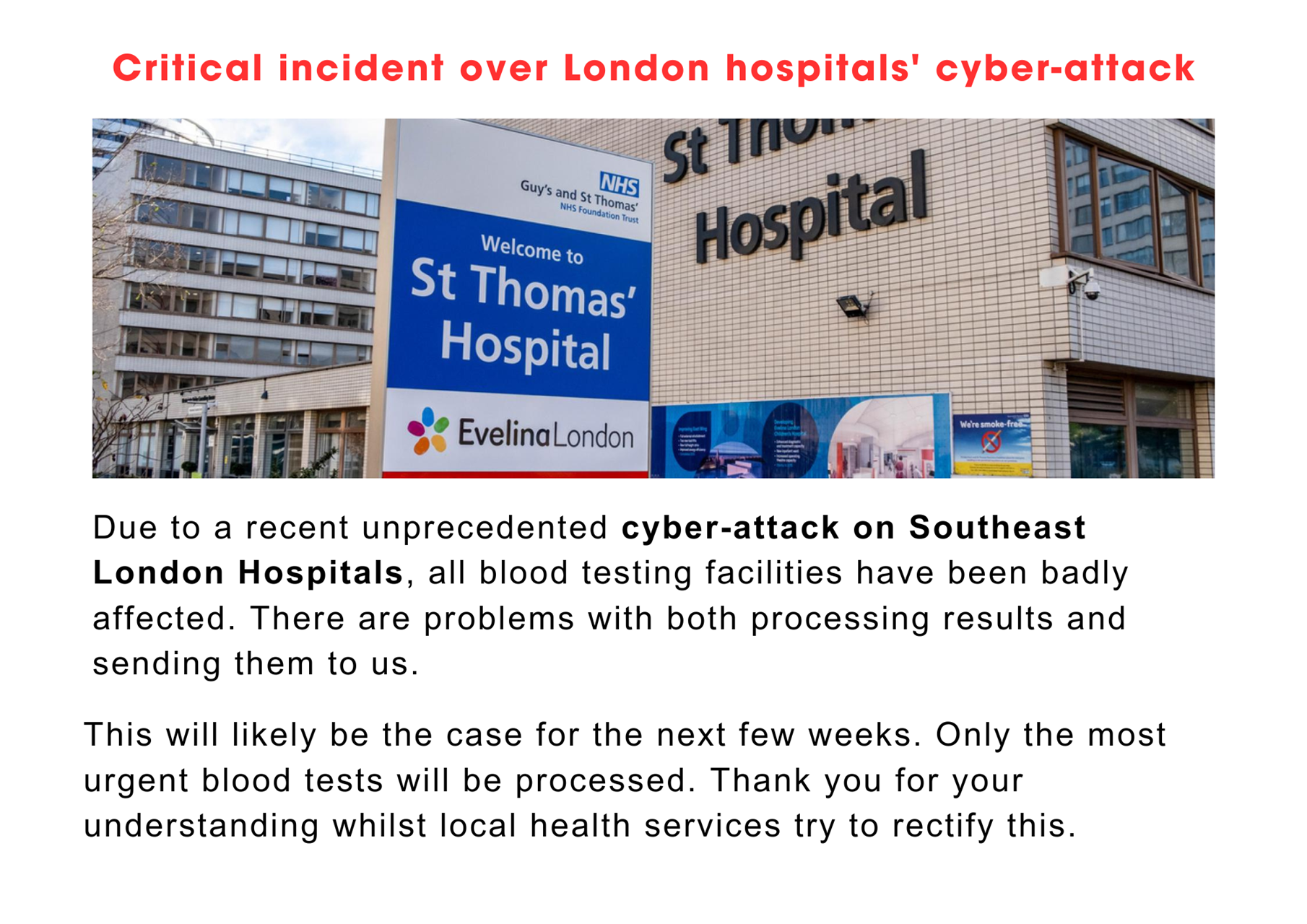 Critical incident over London hospitals' cyber-attack